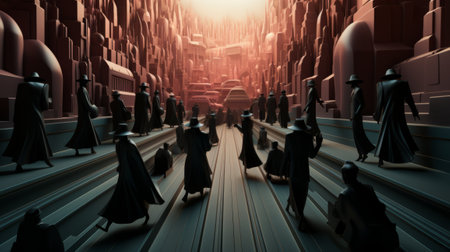 Abstract 3D rendering of a group of people walking down a street.の素材