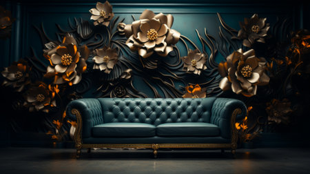 Vintage sofa in classic interior with golden flowers. 3D rendering.の素材