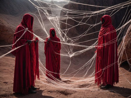 A group of figures in red cloaks trapped in a spider net in the desert.の素材