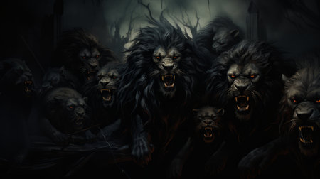 3D rendering of a group of black lions in a dark forestの素材