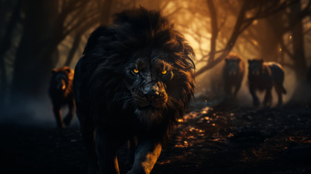 Beautiful Black Lion in the Forest on the Background of Fireの素材
