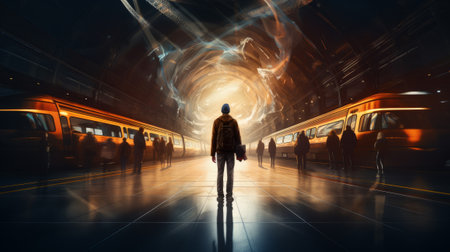 Back view of young businessman walking in underground tunnel with light at nightの素材