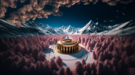 3D rendering of a golden palace surrounded by pink woods and on a background of the mountains. Abstract Artwork.の素材