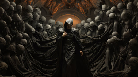 Fantasy illustration of a man in a black cloak with a hood in a religious-themed Artwork.の素材