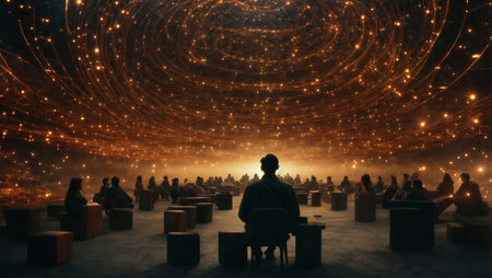 Conceptual image of a group of people in an open room, watching a surreal phenomenon of stars in space.の素材
