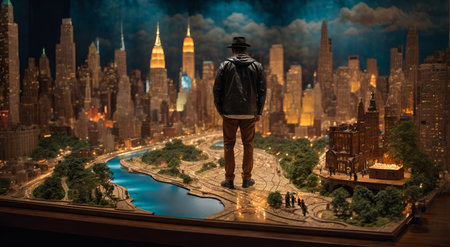 A man standing on top of a miniature city map. 3D rendering.の素材