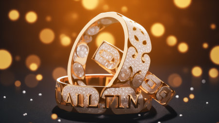 abstract designed luxurious rings with diamonds and gold, close-up.の素材