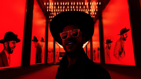 Portrait of a beautiful fashionable African American man in a hat and sunglasses, at an abstract art exhibitionの素材