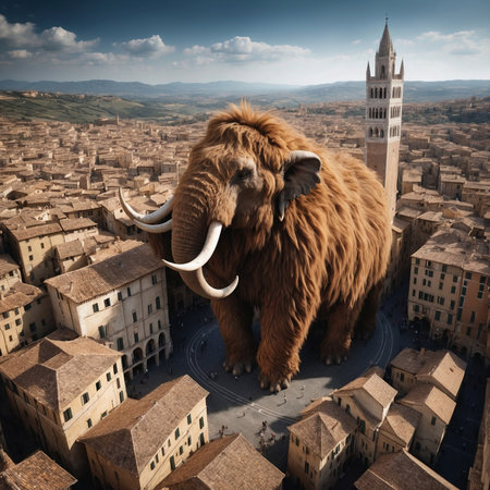 A giant Mammoth standing in Tuscan City. Photorealistic Fantasy Scene.の素材