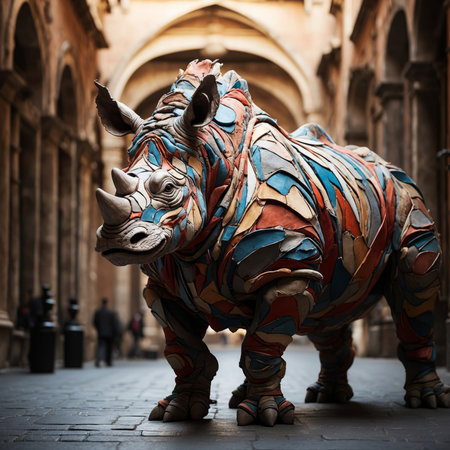 Colorful Abstract Rhinoceros statue in the city.の素材