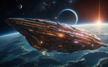 View of a futuristic spaceship in front of planet in deep space.の素材