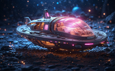 Futuristic spaceship on an otherworldly Planet in deep space. 3D renderingの素材