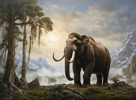 Woolly Mammoth, an enormous mammal. Extinct animal in prehistoric Environment.の素材