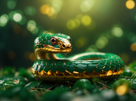 robotic green snake with bokeh light background.の素材