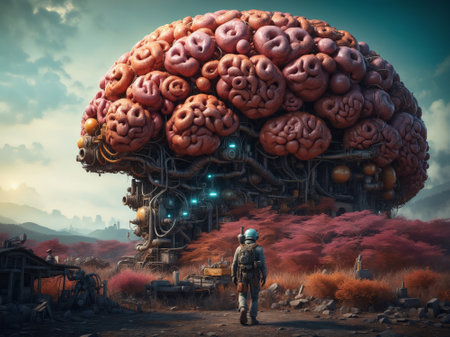 Man in a spacesuit exploring a huge otherworldly alien organism on an extraterrestrial planet.の素材