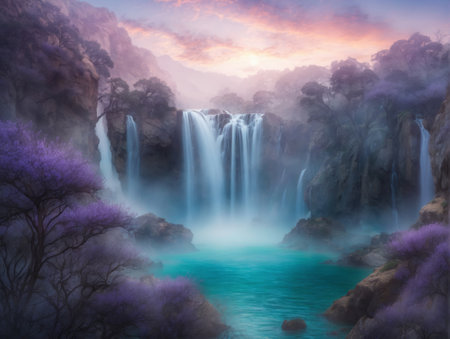 Waterfall in forest with purple flowers. Nature background. Digital paintingの素材