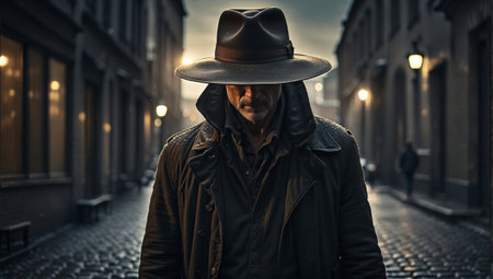 Cinematic Portrait of a man in a hat and jacket in a medieval city at nightの素材