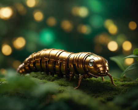 Golden caterpillar on green moss with bokeh lights background.の素材