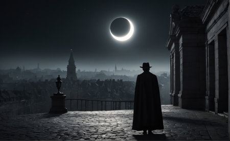 Man in black cloak and hat standing on the edge of the city at night, witnessing a solar eclipse.の素材