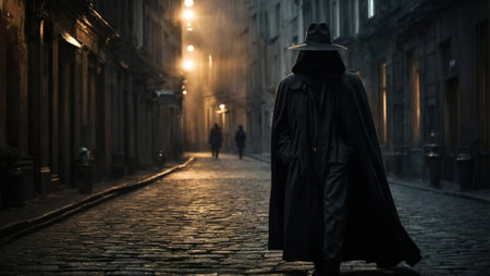 A man in a black cloak and a hat walks through the old town at night.の素材