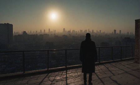 Silhouette of a person looking at the city in morning fog during sunrise, from an elevated Spot.の素材