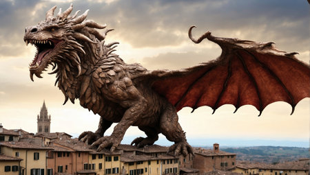 Fantasy dragon on the roofs of the city of Florence, Tuscany, Italyの素材