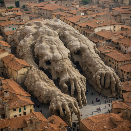 A giant fossil of an unknown prehistoric creature, located in the center of a big city.の素材