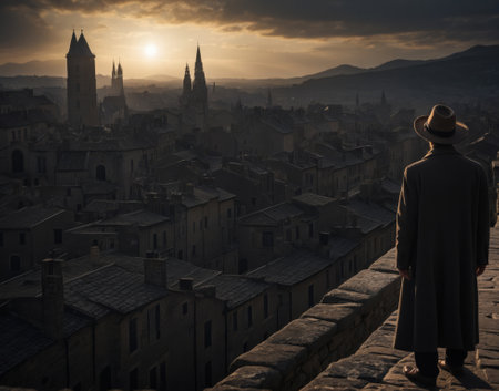 Silhouette of a man in a hat and coat looking at an antique city at sunset.の素材