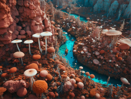 Fantasy alien planet. Mountain and lake. 3d render illustrationの素材