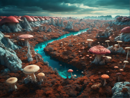 otherworldly planet inhabited by huge mushrooms with beautiful mountains and rivers. 3D illustration.の素材