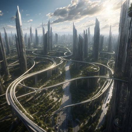 Abstract futuristic city in a multi-level vertical city-planning concept, with wide roads and an elevated intricate network of passenger sidewalks connecting huge skyscrapers.の素材