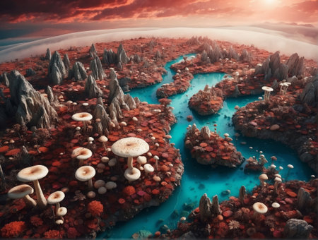 Fantasy alien planet covered in various mushroom species on Mountains and lakes. 3d render illustrationの素材