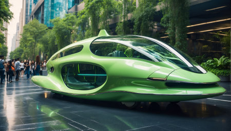 Futuristic public transportation vehicle in a green biophilic designed city.の素材