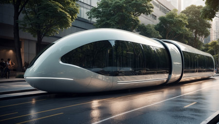 Modern high-speed train in a beautiful city with biophilic design architecture.の素材