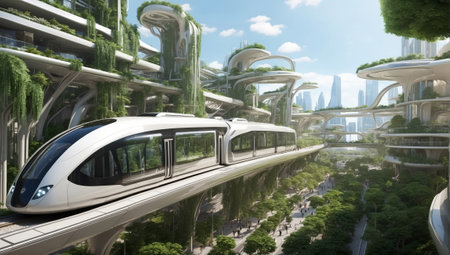 High-speed train in a futuristic city with beautiful greenery and biophilic architecture. 3D rendering.の素材