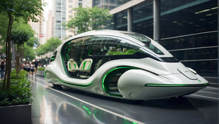 Eco public transportation of the future with innovative beautiful design in the city. Modern urban transport.の素材