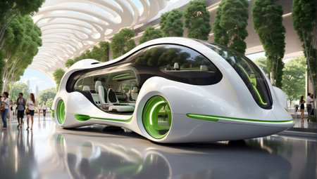 3D rendering of a modern electric bus in a green futuristic environment.の素材