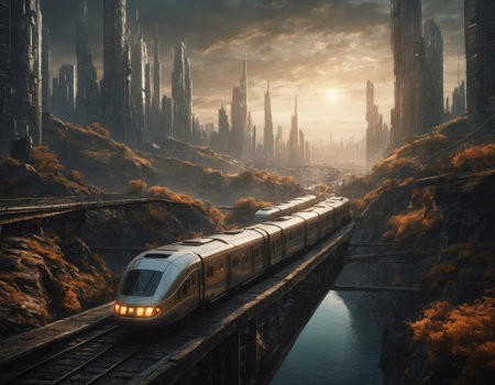High-speed train driving over a Bridge in a huge futuristic city. 3D rendering.の素材