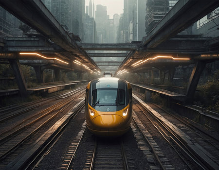 High-speed train passes through the city. 3d rendering. Toned image.の素材