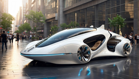 An innovative beautifully designed luxurious sportscar of the future, parking in a city.の素材