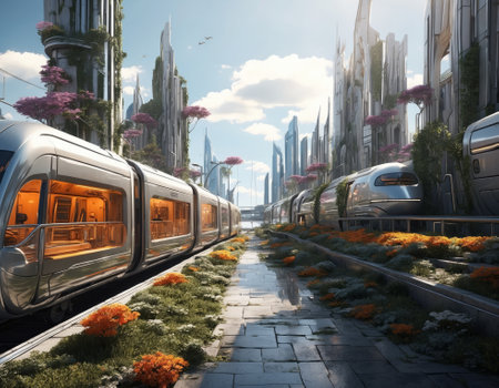 Train in a biophilic city with skyscrapers in the background. 3d renderingの素材