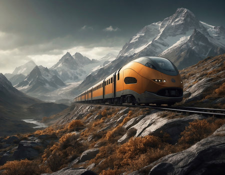 High-speed train rushing through remote Landscape on the background of high mountains. 3d renderingの素材