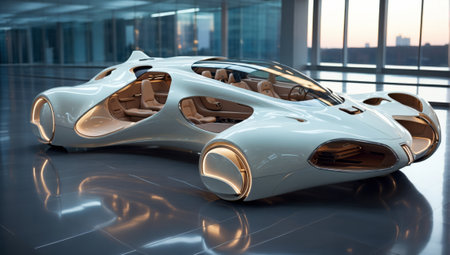 3D rendering of a futuristic high-tech concept car in a showroom.の素材