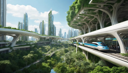 modern high-speed train at a train station in a biophilic city with skyscrapers and green architecture. 3d rendering.の素材