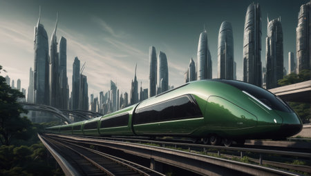 Green modern high-speed train passing by a metropolis with skyscrapers. 3d render illustration.の素材