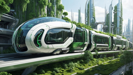 Modern high-speed train in a utopian futuristic city with green architecture.の素材