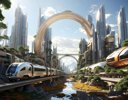A train passes through a buzzing futuristic city with high-rise buildings and skyscrapers.の素材