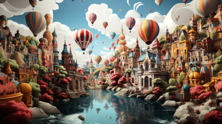 Fantasy fairy tale city with hot air balloons in the sky.の素材