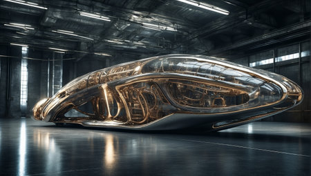 3d rendering of a futuristic spaceship in a dark room with lightsの素材