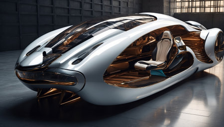 Futuristic black and white car in the exhibition hall. 3d renderingの素材